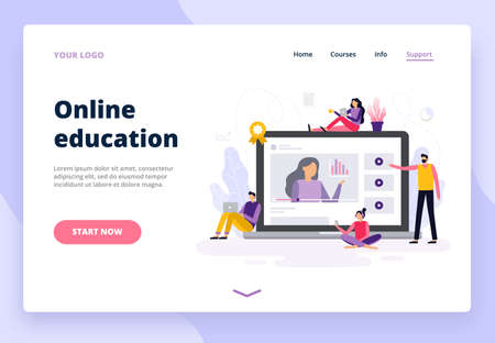 Online education. Women and men working with laptop and watching a video presentation. Banner or background for a site with distance course theme. Vector illustrationのイラスト素材