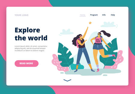 Happy body positive girls exploring the world. Attractive plus size women enjoy life. Vector illustration for landing page, site or banner.のイラスト素材