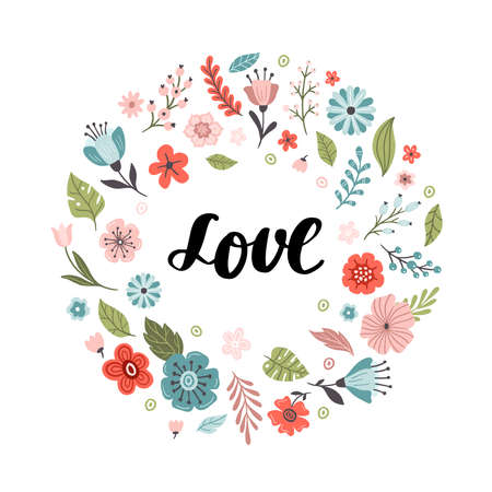 Cute hand-drawn round banner with flowers and text Love. Floral vector illustration. Great for logo, website, postcard, invitation, banner or print.のイラスト素材