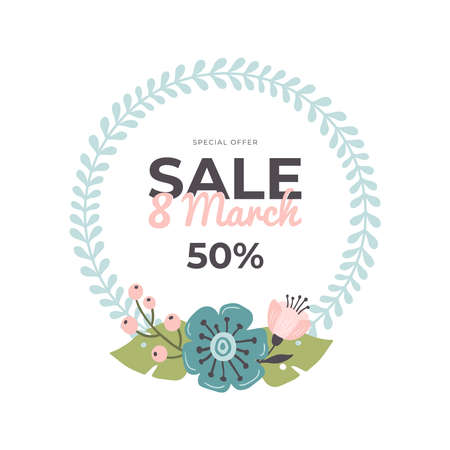 Hand-drawn banner for 8 March Sale. Vector illustration with spring flowers and text. Great for sell-out, website, flyer, postcard, print or banner.のイラスト素材