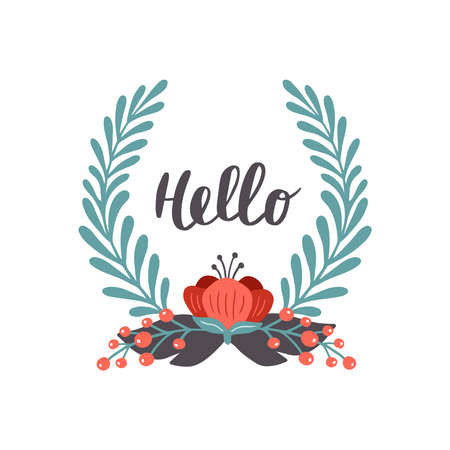 Hand-drawn banner with flowers. Vector illustration with text Hello. Great for a logo, stickers, website, flyer, postcard, print or banner.のイラスト素材