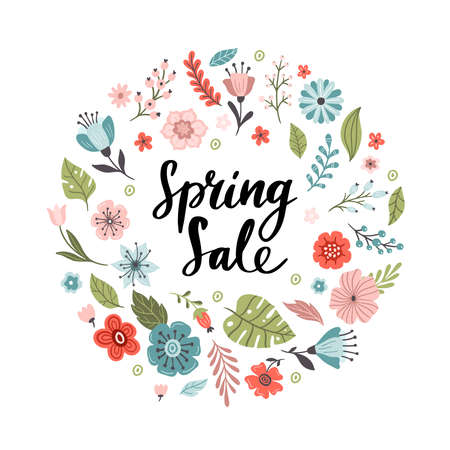 Hand-drawn round banner with flowers and text Spring Sale. Floral vector illustration. Great for sell-out, website, flyer, postcard or banner.のイラスト素材