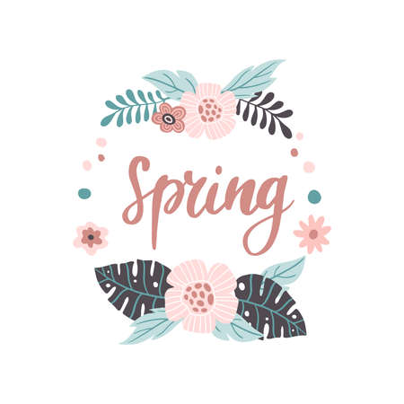 Lovely hand-drawn Spring banner. Vector illustration with pink flowers and leaves. Great for banner, website, flyer, postcard or print.のイラスト素材