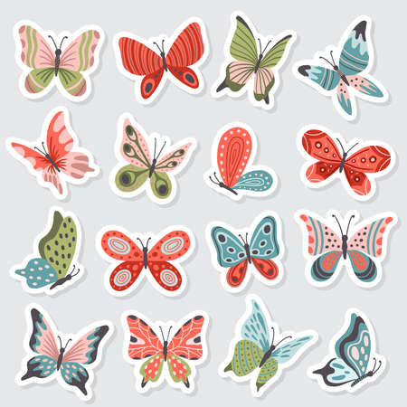 Set of cute hand-drawn butterflies. Many bright and beautiful insects. Vector illustration. Great for a sell-out, banner, frame, website, landing page, flyer, postcard, print or email.のイラスト素材