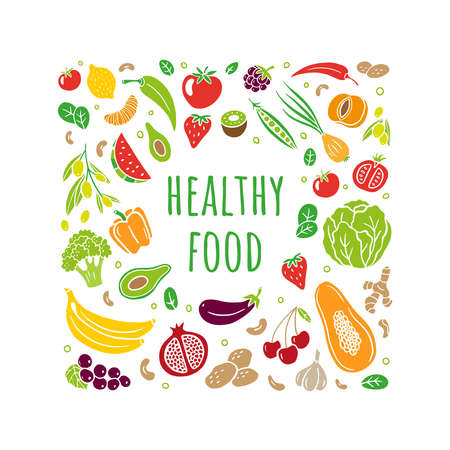 Hand-drawn fruits and vegetables in organic style isolated on white background. Vector illustration for banners, sites, menu design, packaging, cooking book or advertising.のイラスト素材