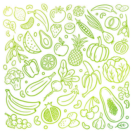Hand-drawn vector illustration with a healthy food theme. Fruits and vegetables in an original doodle organic style. Great for banners, sites, menu design, packaging, cooking book or advertising.のイラスト素材