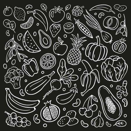 Black and white fruits and vegetables in organic doodle style. Isolated hand-drawn vector illustration. Great for banners, sites, menu design, packaging, cooking book or advertising.のイラスト素材