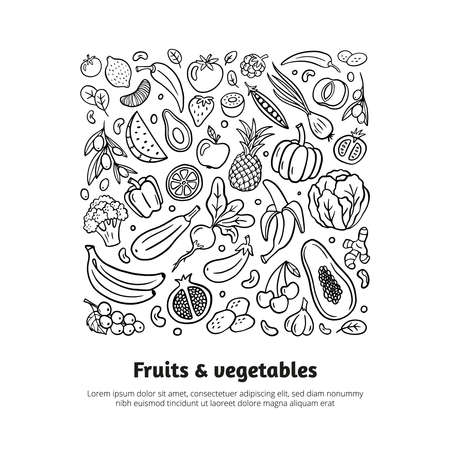 Trendy black and white hand-drawn fruits and vegetables. Healthy food theme in organic doodle style with editable text. Isolated vector illustration. Great for banners, sites, menu design, packaging, cooking book or advertising.のイラスト素材