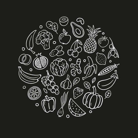 Black and white hand-drawn fruits and vegetables. Healthy food theme in organic doodle style. Isolated vector illustration. Great for banners, sites, menu design, packaging, cooking book or advertising.のイラスト素材