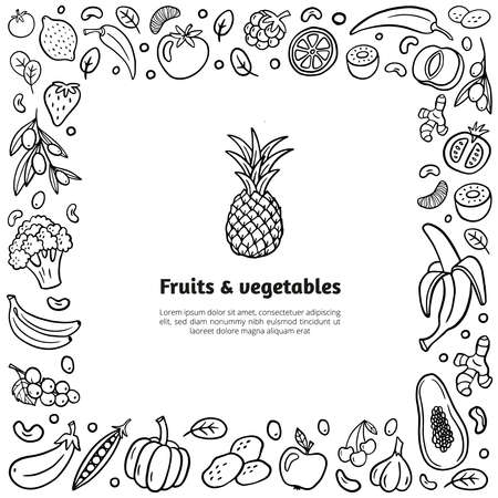 Hand-drawn frame with fruits, vegetables, and text in organic doodle style. Isolated vector illustration in healthy food theme. Easy to edit and customize.のイラスト素材