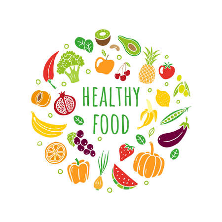 Hand-drawn healthy food in an original organic style. Different fruits and vegetables with editable text. Vector illustration isolated on white background. Great for banners, sites, menu design, packaging, cooking book or advertising.のイラスト素材