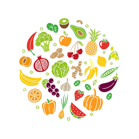 Hand-drawn healthy food. Fruits and vegetables in an original organic style. Vector illustration isolated on white background. Great for banners, sites, menu design, packaging, cooking book or advertising.のイラスト素材
