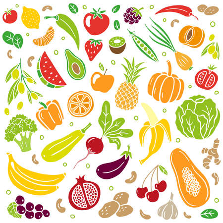 Trendy hand-drawn healthy food. Fruits and vegetables in an organic style isolated on white background. Vector illustration for banners, sites, menu design, packaging, cooking book or advertising.のイラスト素材