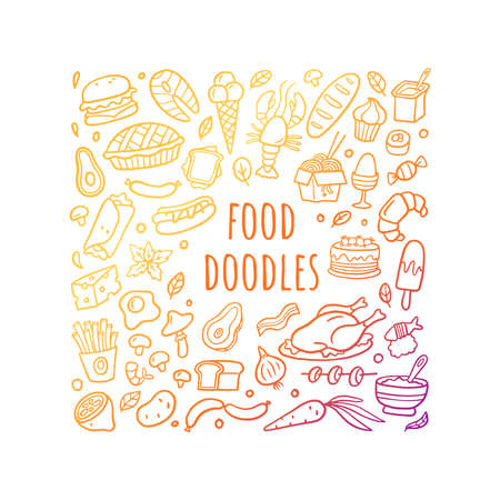 Hand-drawn doodle food set. Stylized gradient meat, burgers, noodle, vegetables, seafood, and sweets. Vector food illustration good for site, menu, flyer or banner.のイラスト素材