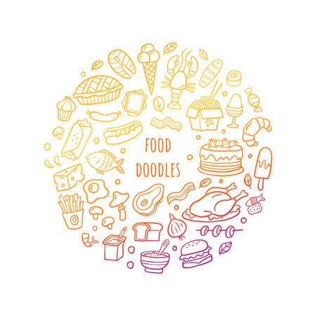 Cartoon different kinds of fresh food with text. Hand drawn gradient set. Vector illustration good for site, menu, flyer or banner.のイラスト素材