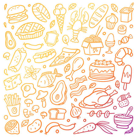Gradient hand-drawn food poster. Colorful illustration with different dishes. Vector set with burgers vegetables, cakes, fruits, meat,  fish and sweets. Good for site, menu, flyer or banner.のイラスト素材