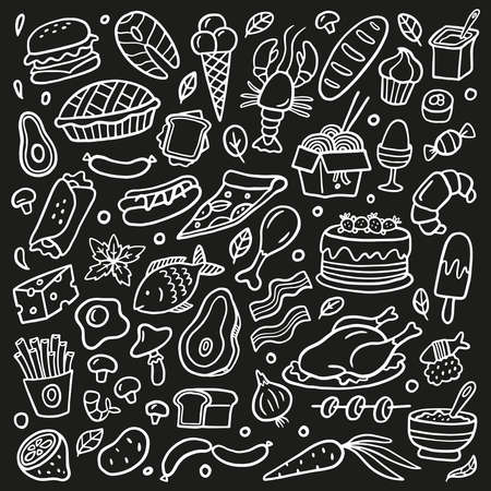 Black and white doodle set with food. Seafood, meat, burgers, noodle, vegetables and sweets. Vector hand-drawn food illustration. Good for site, menu, flyer or banner.のイラスト素材