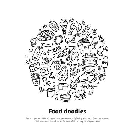 Cartoon different kinds of fresh food with text. Hand-drawn Vector illustration. Doodle set for menu designのイラスト素材