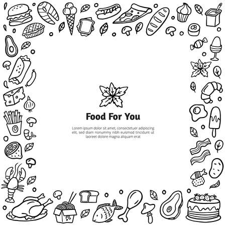 Hand-drawn food stylized frame. Black and white doodle illustration with many different dishes. Vector set good for site, menu, flyer or banner.のイラスト素材