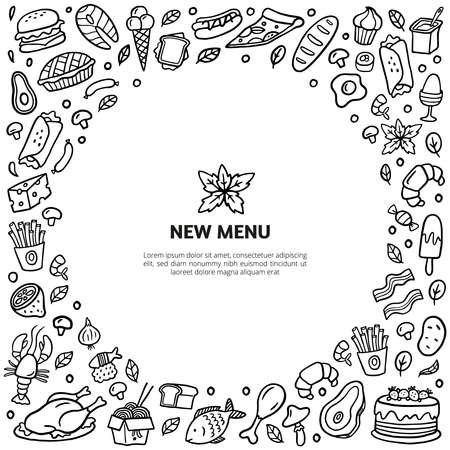 Hand-drawn doodle food with text. Stylized black and white meat, turkey, burgers, noodle, vegetables, seafood, and sweets. Vector food illustration good for menu, flyer, site or banner.のイラスト素材