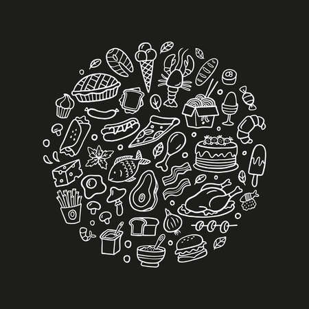 Hand-drawn doodle set with food. Black and white fish, meat, burgers, turkey, vegetables, noodle, seafood, ice cream, cake, and other dishes. Vector food illustration. Good for site, menu, flyer or banner.のイラスト素材