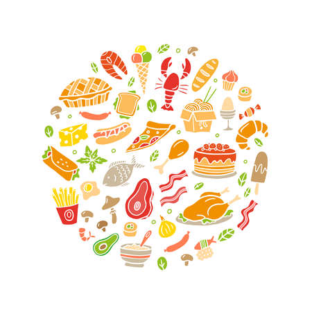 Hand-drawn doodle meat, fish, vegetables and dishes icons set. Vector food illustration. Good for site, menu, flyer or banner.のイラスト素材