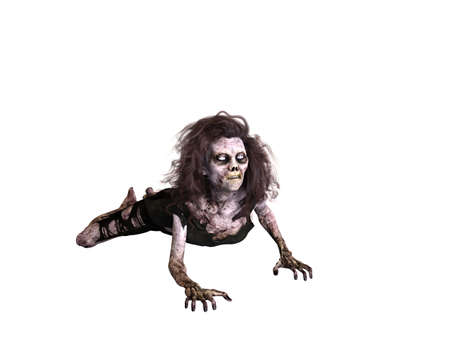 Zombie woman lying on front looking up. 3d illustration isolated on white background.の写真素材