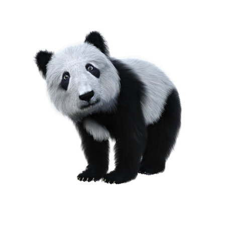 Cute Panda cub standing on all fours and looking at camera. 3d illustration isolated on white background.の写真素材