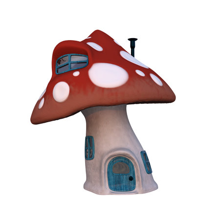 Fairytale mushroom or toadstool house with a red roof. 3D illustration isolated on a white background.の写真素材