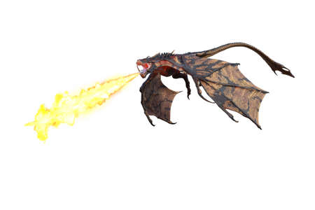 Green Dragon or Wyvern fantasy creature in flight and breathing a stream of fire. 3D illustration isolated on a white background.の写真素材