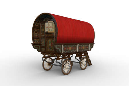 Rear view of a traditional Romany gypsy caravan with red roof. 3D illustration isolated on a white...