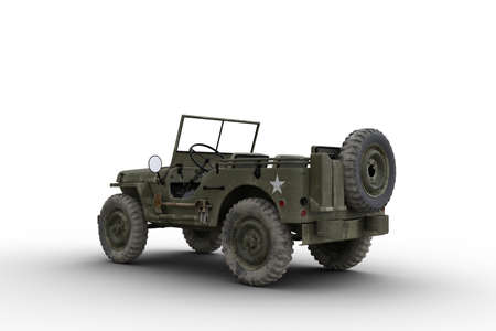 Retro green military 4x4 car viewed from rear side angle. 3D illustration isolated on a white background.の写真素材