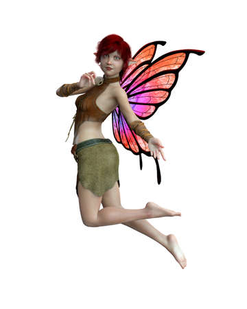 Cute female pixie wearing green costume and flying. 3D illustration isolated on a white background.の写真素材