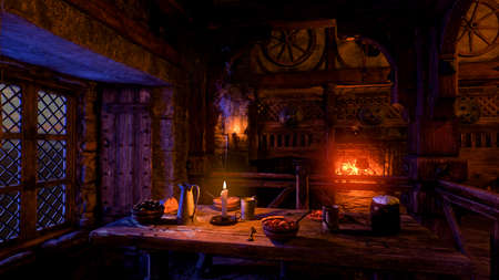 Interior 3D render of a medieval tavern or inn lit by candles at night with food and drinks on a...