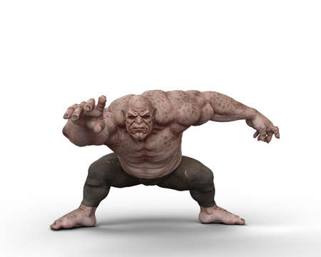A giant ogre fantasy creature in crouching pose. 3D illustration isolated on a white background.