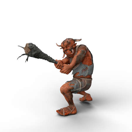 3D illustration of a fantasy Troll holding a large wooden club in both hands isolated on a white...