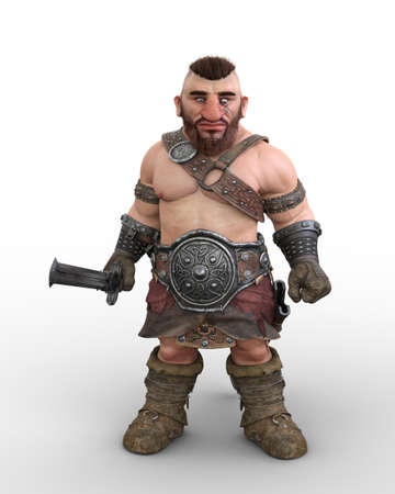 3D illustration of a fantasy Dwarf warrior character standing in barbarian costume with a sword isolated on a white background.の写真素材