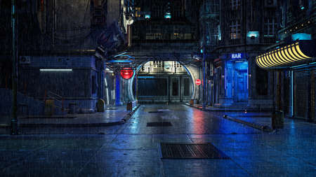 3D rendering of a downtown street in a futuristic cyberpunk city at night with rain falling.の写真素材