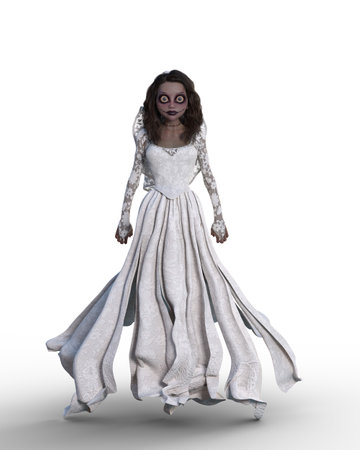 3D rendering of a cartoon Halloween ghost bride in a white dress floating off the ground isolated on...