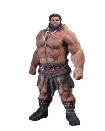 Large fantasy giant man with beard standing in a loincloth and boots. 3D illustration isolated on a...