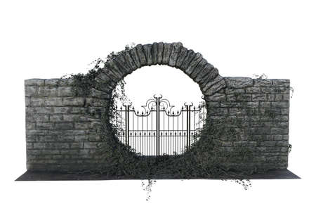 Black iron gate in a circular stone archway overgrown with ivy. 3D illustration isolated on white.の写真素材