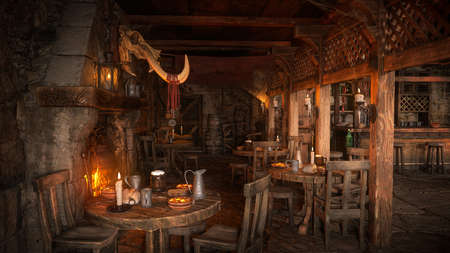 Dark moody medieval tavern inn interior with food and drink on round tables around an open fire burning in the fireplace. 3D rendering.の写真素材