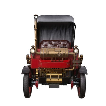 Front view of a fantasy steampunk car powered by steam engine. 3D illustration isolated on white.の写真素材