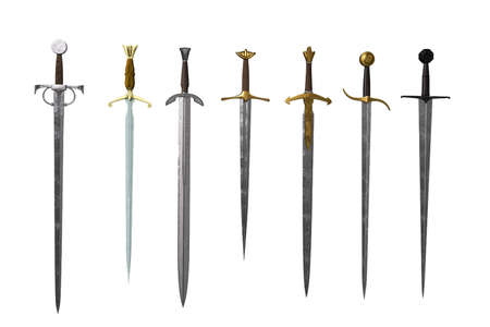 Collection of medieval fantasy swords. 3D illustration isolated on white background.