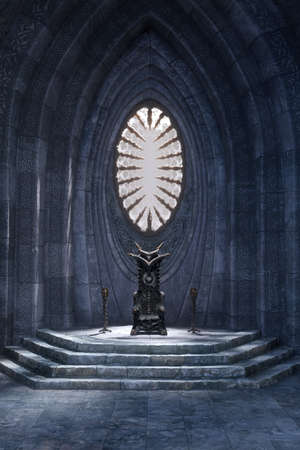 Portrait format 3D illustration of a fantasy medieval throne room with arched stone wall and large oval window.の写真素材