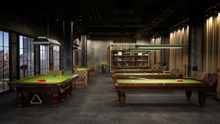 Snooker or Billiards club interior with multiple tables and windows with a city view. 3D...