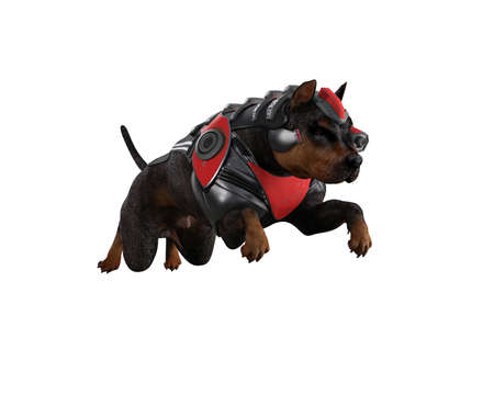 Jumping dog with futuristic cyberpunk armoured suit and cybernetic eye. 3D illustration isolated on white background.の写真素材