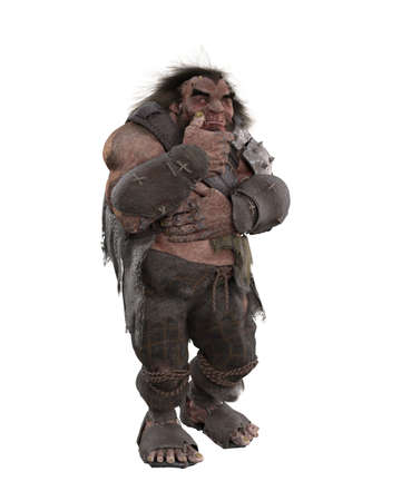 Fantasy giant or troll in thoughtful pose. 3D illustration isolated on white background.の写真素材