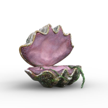 Fantasy giant clam shell open like a mermaid seat. 3D rendering isolated on white background.の写真素材