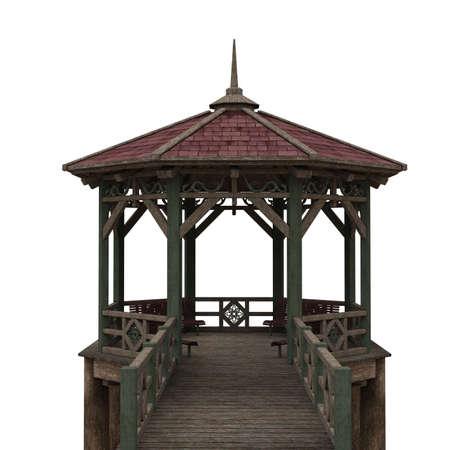 Old style wooden pier with bench seats under a pergoda roof. 3D illustration isolated on white background.の写真素材